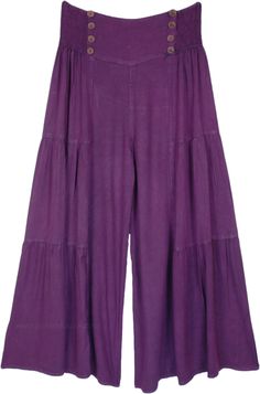 A relaxed pair of long and wide-legged deep purple palazzo pants for any reason.  These soft rayon pants feature a shirred elastic waistband with buttons highlighted at the front; the pants are so soft and comfortable that you can wear them all day. #tlb #SplitSkirtsPants #Stonewash #vacationclothing #bohemianfashion #Widelegpalazzopants #skirtlikelongpants #hippiepalazzopants Spring Purple Wide Leg Pants With Relaxed Fit, Purple Relaxed Fit Wide Leg Pants For Spring, Purple Wide Leg Pants For Spring, Purple Cotton Wide Leg Pants For Spring, Casual Purple Wide Leg Pants For Summer, Spring Purple Wide Leg Pants With Elastic Waistband, Purple Relaxed Fit Pants For Summer, Casual Purple Wide Leg Pants With Elastic Waistband, Purple Cotton Wide Leg Pants For Summer