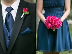 two pictures, one in blue and the other in pink with flowers on their lapels