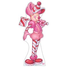 a pink cartoon character holding candy canes