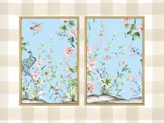 two framed pictures with flowers and birds on the same piece of paper in front of a gingham checkered wall