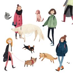 an illustration of people walking dogs and cats