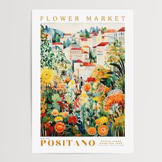 a flower market poster with flowers in the foreground and buildings in the back ground