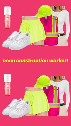 a woman in yellow shorts and white shirt with neon colored shoes on her feet, next to a pink background that says neon construction worker