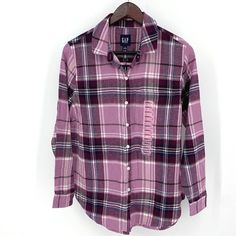 Gap Flannel Fast Shipping! Gap Purple Plaid Boyfriend Flannel Button-Down Shirt New With Tags - $59.95 Retail Perfect For Cool Weather, Layering, Everyday Wear & More! 100% Cotton Size Small Chest 20" (Armpit To Armpit) Length 29" Purple Buttoned Winter Tops, Purple Buttoned Tops For Fall, Purple Button Tops For Fall, Purple Winter Tops With Button Closure, Winter Purple Tops With Button Closure, Gap Fall Shirt With Button Closure, Gap Shirt With Button Closure For Fall, Gap Button Closure Shirt For Fall, Purple Fall Shirt With Buttons