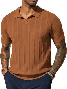 Amazon.com: PJ PAUL JONES Mens Knit Polo Shirts Textured Golf Shirts Casual Short Sleeve Shirts Coffee : Clothing, Shoes & Jewelry V Neck Polo Shirt, Tennis Clothing, Shirt Packaging, Polo Shirt Dress, Tennis Fashion, Knit Polo, Striped Polo Shirt, Collar Designs