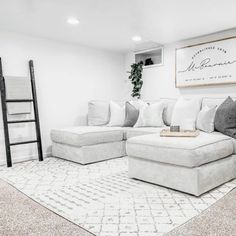 a living room filled with furniture and a ladder in the middle of the room on top of a rug