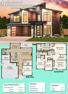 two story house plan with 3 car garage and attached living area, including an open floor plan