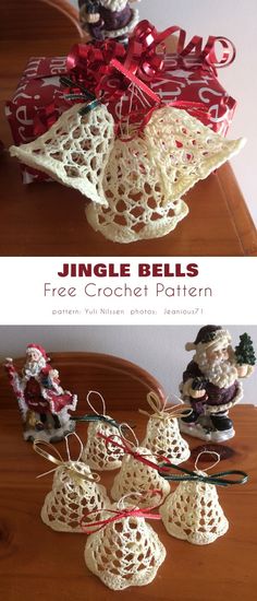 crocheted christmas bells are sitting on a table