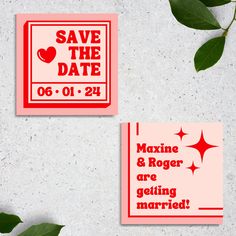 two save the date magnets on a table next to some green leaves and flowers