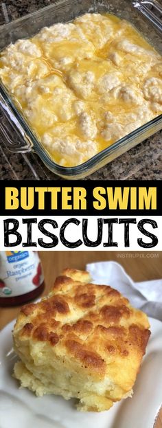 butter swim biscuits in a baking dish and on a plate