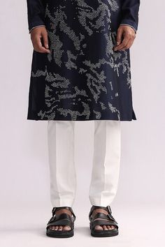 Navy chanderi kurta with thread placement hand embroidery. Comes with pant. - Aza Fashions Men Kurta, Pant Set, Mandarin Collar, Aza Fashion, Hand Embroidered, Hand Embroidery, Pants Set, Camo, Thread