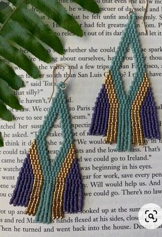 two pairs of beaded earrings with tassels on top of a book next to a plant