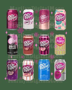 six different types of sodas and cans on a green background with pink stars around them