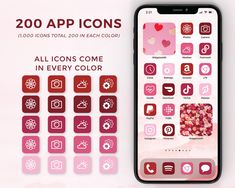 an iphone with icons on it and the text, 200 app icons all icons come in every color