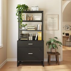 a book shelf with books and plants on it