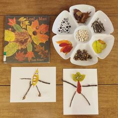 three different plates with leaves, nuts and seeds on them sitting on a table next to a children's book