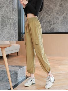 High Waist Elastic Harem Pants Student Casual Baggies Woman Pants Fall Fashion New Angle-length Cargo Trousers Bottom Khaki Ankle-length Cargo Pants, High-waisted Khaki Harem Pants With Elastic Waistband, Khaki Ankle-length Parachute Pants With Pockets, Khaki Ankle-length Pants With Pockets, Khaki Harem Pants With Side Pockets, Non-stretch Ankle-length Cargo Pants With Side Pockets, Spring Khaki Harem Pants With Pockets, Full Length Khaki Harem Pants With Pockets, High Waist Khaki Harem Pants With Pockets