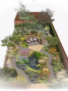 this is an artist's rendering of a small garden with seating and flowers in the center