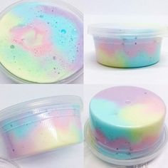 three images of different colored soaps in plastic containers with lids on white table top