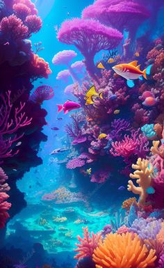 an underwater scene with colorful corals and fish