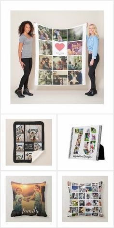 two women standing next to each other with pictures on them