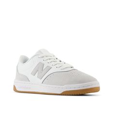 New Balance-BB80 Court Sneaker - Women's Inspired by the New Balance 480, the New Balance Bb80 Court sneaker brings sporty touches to your everyday fits. The lace-up sneaker, made with leather and suede upper, has a non-marking sole for supportive, trace-free footing. White New Balance Skate Shoes With Cushioned Footbed, White Sporty Skate Shoes With Laces, White Skate Shoes With Elastic Laces For Sports, White New Balance Athleisure Sneakers, Casual New Balance Skate Shoes With Laces, Sporty Sneakers With White Laces For Light Sports, Sporty White Skate Shoes With Laces, New Balance Casual Skate Shoes With Boost Midsole, White Skate Shoes With Laces For Light Sports