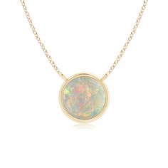 Featuring a simple yet elegant design, this 14k yellow gold opal solitaire necklace is sure to fascinate. The bezel set cabochon opal allures with its delightful play of colors. Formal Round Opal Necklace, Formal Opal Round Necklace, Yellow Gold Ethiopian Opal Necklace, Yellow Gold Ethiopian Opal Round Necklace, Formal Ethiopian Opal Cabochon Necklaces, Bezel Set Cabochon, Solitaire Necklace, Solitaire Necklaces, Opal Pendants