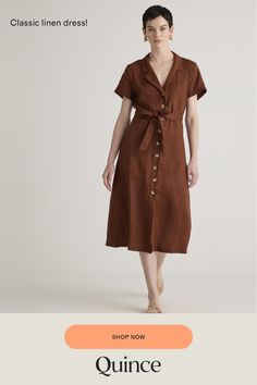 This midi linen dress should be in every wardrobe. Made from 100% organic linen and designed to be versatile, with elegant buttons down the front, and two pockets at the waist, and adjustable removable belt for the perfect fit.  | Quince | Women's Short Sleeve Dress in Chocolate, Size XS, Linen Chic Linen Button-up Dress, Chic Linen Shirt Dress With Buttons, Relaxed Fit Linen Dress With Button Closure For Work, Button-up Linen Dress For Work, Fitted Linen Dress With Button Closure, Elegant Button-up Linen Dress, Linen Button-up Midi Dress, Button-up Linen Midi Dress, Fitted Linen Button-up Midi Dress