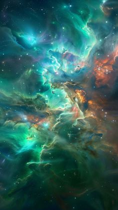 an image of some very colorful clouds in the night sky with stars and space dusts