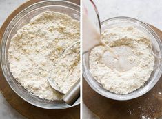 two pictures side by side showing the mixing process in a bowl with flour being poured into it