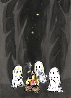 three ghost children sitting in front of a fire