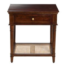 a wooden table with two drawers and wicker baskets underneath the drawer on one side