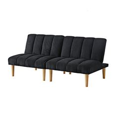 a black couch with wooden legs on a white background