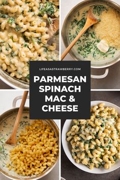 four pictures showing different types of macaroni and cheese