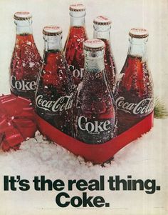 an advertisement for coca cola in the snow with six coke bottles and wrapped presents on it