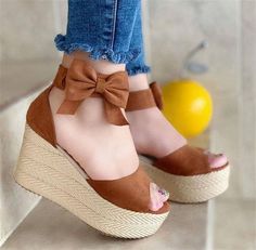 cute peep toe wedge sandals with ankle bowknot up to size 11 Brown Wedge Sandals, Women Platform Sandals, Fashion Slippers, Espadrilles Platform, Wedges Style, Dress Shoes Womens, Suede Sandals, Open Toe Sandals, Yellow And Brown