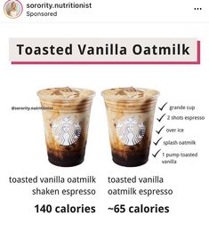 two iced coffee drinks with different toppings on each one and labeled vanilla oat milkshake