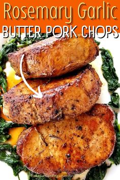 rosemary garlic butter pork chops on a plate with greens