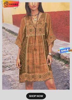 Women Half Sleeve V-neck Vintage Floral Casual Midi Dress Brown V-neck Boho Dress For Fall, Vintage Boho Print V-neck Dress, Bohemian V-neck Dress For Fall Vacation, Vintage V-neck Mini Dress For Summer, Bohemian V-neck Midi Dress For Fall, Elegant Boho Dress With V-neck And Boho Print, Elegant V-neck Boho Dress With Boho Print, Elegant V-neck Boho Dress With Print, Bohemian Summer Dresses With Notched Neckline