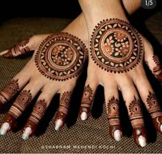 two hands with henna tattoos on them, one is showing the intricate design and the other