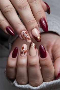 Embrace the beauty of autumn with these elegant almond fall nail ideas that perfectly capture the season's warm hues. Picture your nails adorned with rich burgundy, deep mustard, and a touch of shimmering gold窶把reating a stunning visual akin to autumn leaves. This chic almond shape not only elongates the fingers but adds a modern flair to your seasonal style. Get inspired and show off a cozy look that reflects the essence of fall! Autumn Burgundy Nails, Plum Nail Ideas, Autumn Nails Burgundy, Nails Design Autumn, Burgundy Fall Nails, Hope Nails, Holidays Nails, Pastel Nail Art, Neat Nails