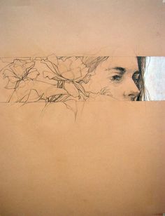 a drawing of a woman's face peeking out from behind a piece of paper