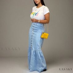 Lasaky - Denim Midi Skirt: Stylish and Versatile Womens Fashion Stylish Midi Skirt, Fishtail Skirt, Fish Tail, Trendy Fashion Outfits, Elegant Skirt, Denim Maxi Skirt, Mermaid Skirt, Mid Length Skirts, Denim Midi Skirt