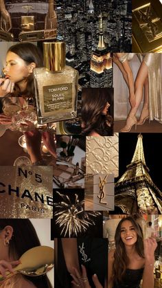 the collage shows many different types of women's clothing and accessories, including perfumes