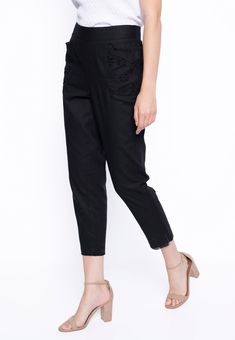 Elevate your wardrobe with our Pull-On Straight Leg Pants! These pants are perfect for any occasion and can be dressed up or down. With a matching color jacket or mix and match for a unique look, these pants will add a touch of fun to any outfit. Don't miss out on this essential ensemble! Don't forget to check out the matching Eyelet Embellished Jacket. Details: Front eyelet Pocket High-wasted style Relaxed fit Frayed edge with side slits Fabric contents: 55% Linen, 45% Cotton Care: Wash cold Re Trendy Cotton Pants For Fall, Trendy Fall Cotton Pants, Non-stretch Spring Dress Pants, Spring Cotton Cargo Pants, Spring Straight Leg Capris With Elastic Waistband, Spring Stretch Harem Pants With Tapered Leg, Spring Cotton Straight Pants, Spring Stretch Tapered Leg Harem Pants, Spring Cotton Trousers