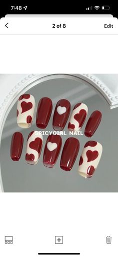 "All of my press-on nails are made with 5-6 coats of high-quality professional gel polish and gel, so rest assured, they are STURDY! They are also reusable! I am a qualified nail technician and all of my nail designs are hand-painted. I take great pride in creating nails that are of salon-quality. They are made with the highest quality, professional only products to ensure that they are perfect and look like you have just been to the salon! All of the products I use are vegan and cruelty-free! Y Love Nails Acrylic, Valentines Nails White And Pink, Heart Inspired Nails, Red And Cream Nails Design, Red White Heart Nails, Diy Valentine Nail Art, Toe Nail Designs Valentines, Valentines Nails Designs With Initial, I Love My Bf Nails