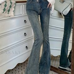 Lasaky - Womens High-Waist Pintuck Flare Jeans with Single-Breasted Button Detailing and Washed Bell Bottom Design, Premium Denim Clothing Women's Denim Jeans, Retro Pants, High Waisted Flare Jeans, Bottom Design, Denim Clothing, Bottom Jeans, Denim Pants Women, High Waisted Flares, Flare Leg Jeans