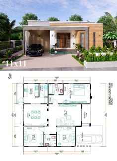 two story house plan with garage and living room in the middle, surrounded by greenery