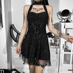 Edgy Dress, Goth Vintage, Black Lace Corset, Dress With Corset, Choker Dress, Gothic Clothes, Floral Corset, Lace Trim Dress