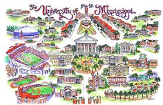 an illustrated map of the university of mississippi in watercolor and ink, with many buildings